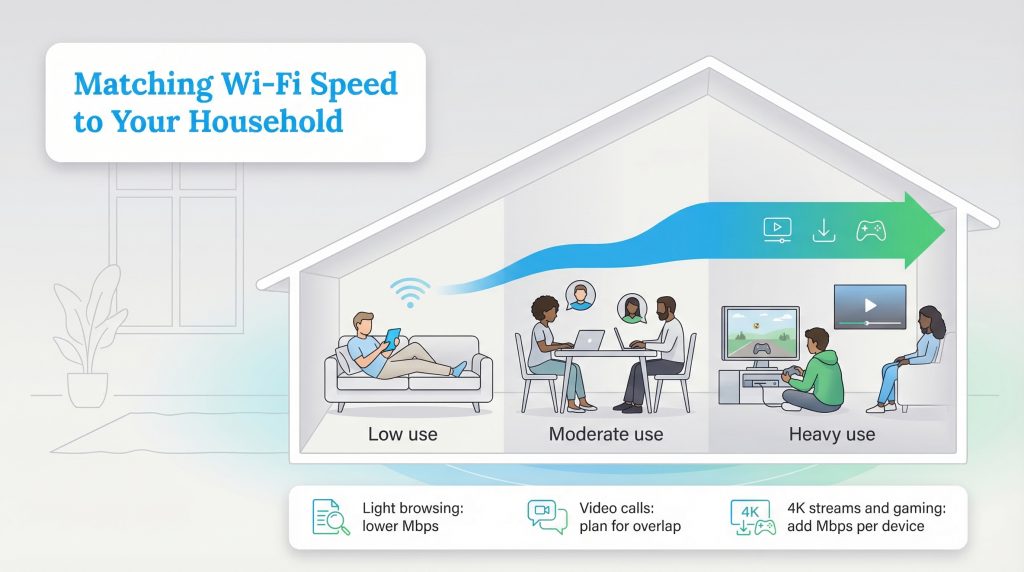 Diagram shows a house cross-section with three Wi-Fi usage zones: low, moderate, and heavy.
