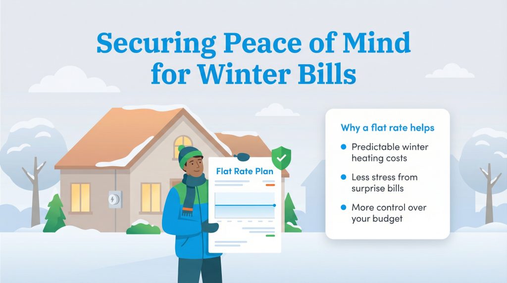 An illustration of a person holding a flat rate energy plan document in a snowy winter landscape.