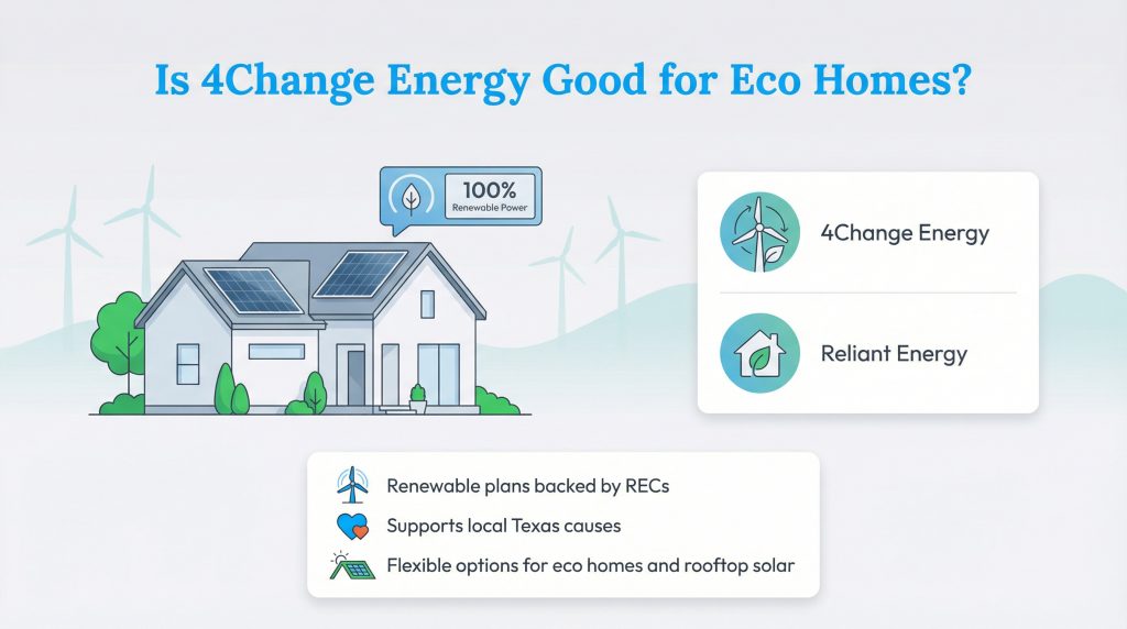 Infographic comparing 4Change Energy and Reliant Energy's eco-friendly plans and benefits for homes with solar.