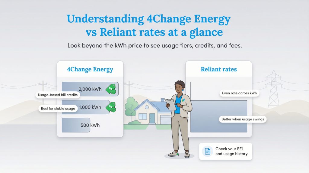 Infographic comparing 4Change Energy's usage-based credit system with Reliant's even rate structure.