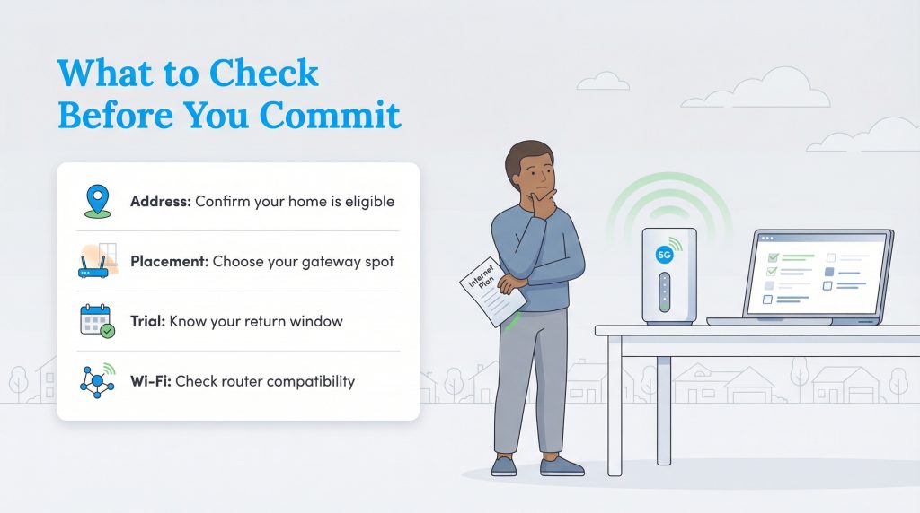 An infographic lists four key checks to perform before switching to a 5G home internet plan.