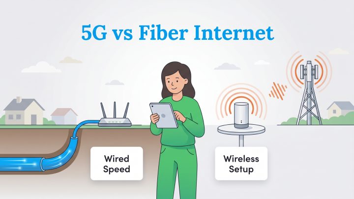Illustration comparing wired fiber internet speed and wireless 5G internet setup for home use.