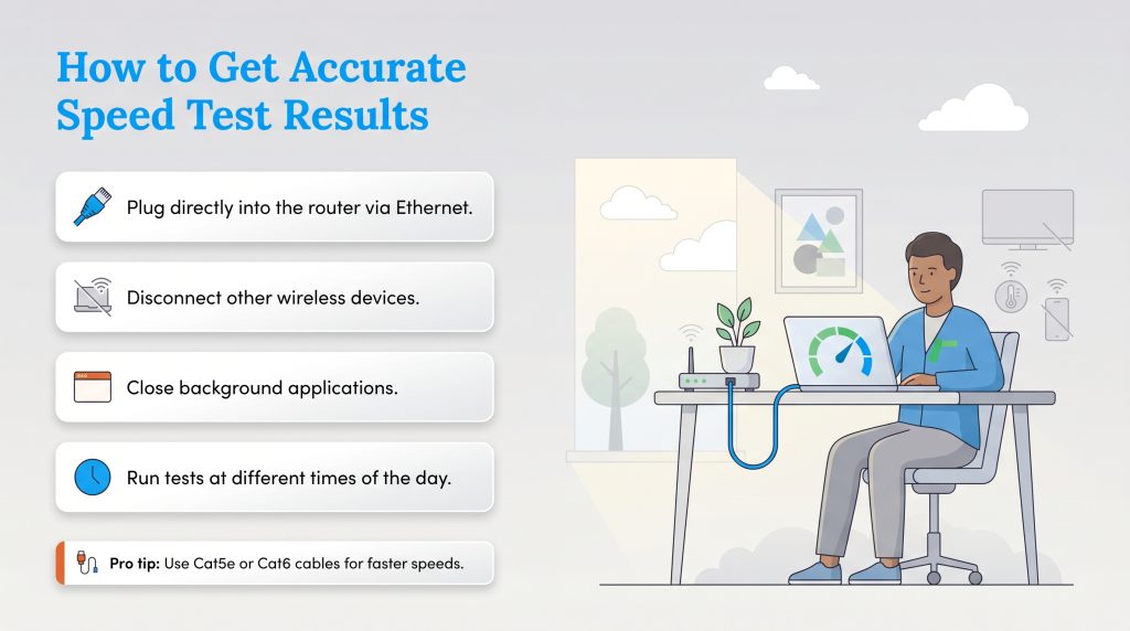 Infographic advising to use Ethernet, disconnect devices, and close apps for accurate speed tests.
