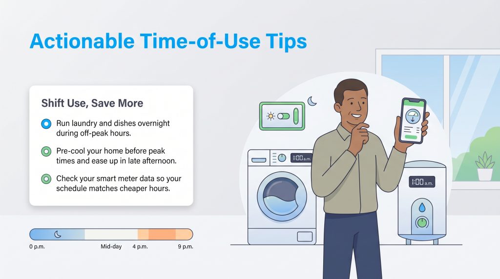 A man manages appliances with a smartphone app to shift energy use to off-peak hours.