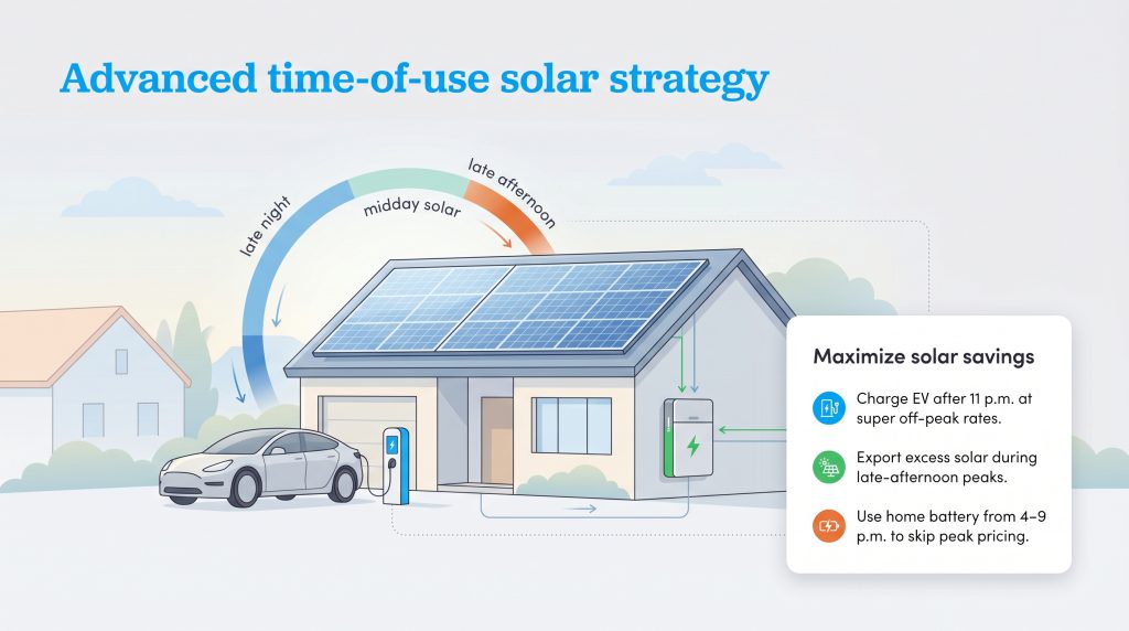 Infographic showing solar, battery, and EV strategies for maximizing savings on time-of-use plans.