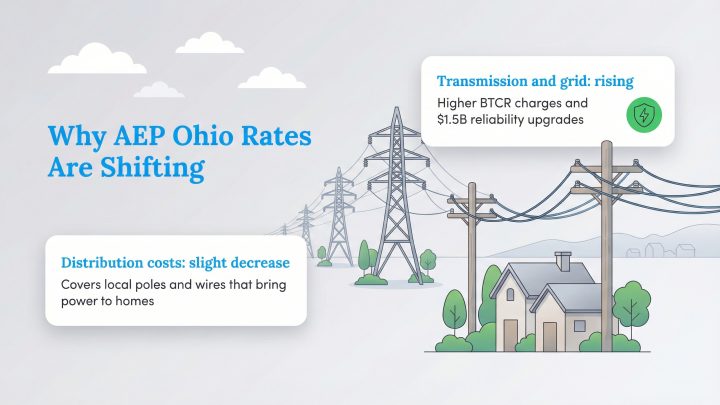 Infographic explaining AEP Ohio rate shifts: transmission and grid costs are rising, while distribution costs are slightly decreasing.