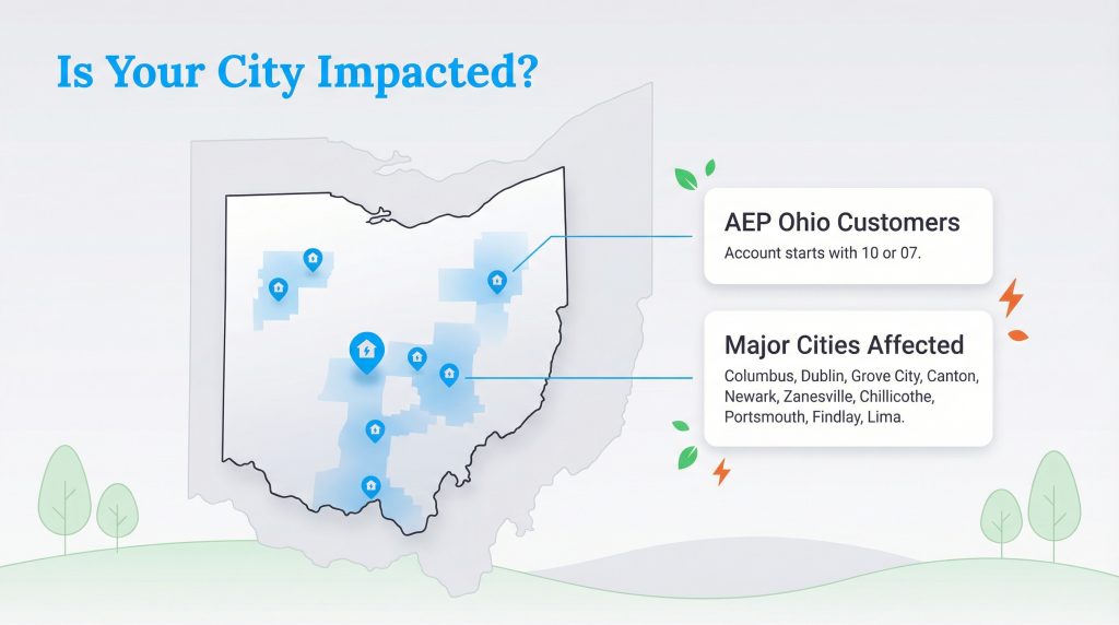 AEP Ohio map shows impacted cities like Columbus and Canton, and account numbers starting with 10 or 07.