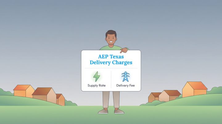 A person points to a sign detailing AEP Texas Delivery Charges: Supply Rate and Delivery Fee.