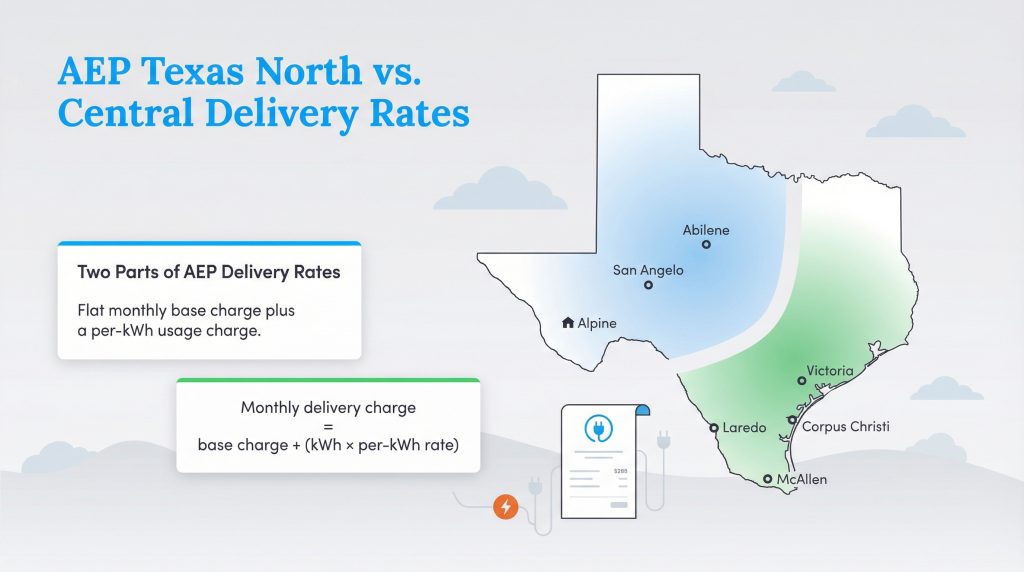Map of Texas showing AEP North and Central zones and the delivery rate formula.