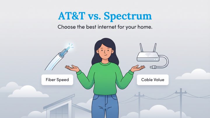 An illustration of a woman comparing AT&T fiber optic cable speed and Spectrum cable modem value for home internet.