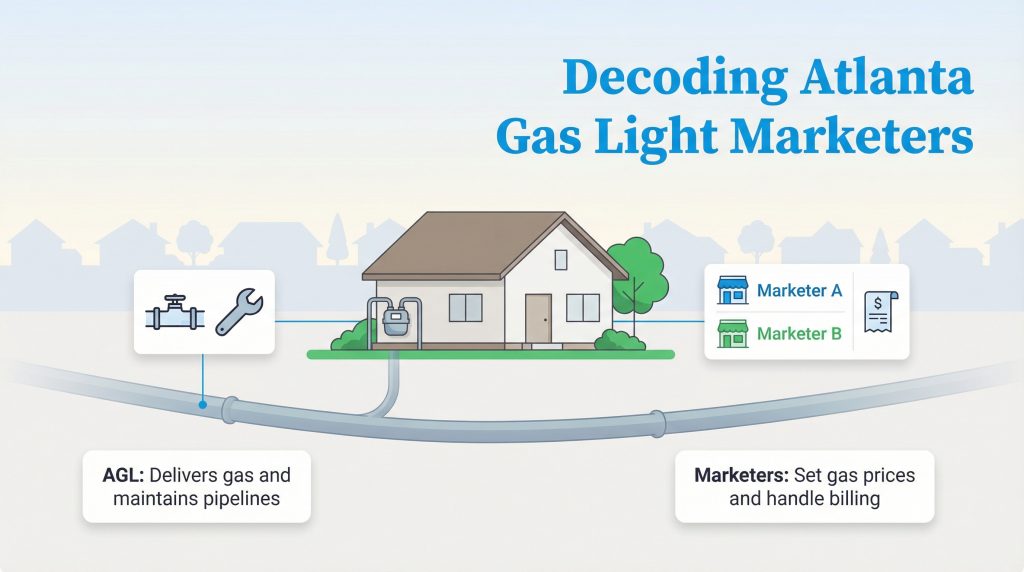 Diagram showing the split roles of Atlanta Gas Light for delivery and retail marketers for billing.