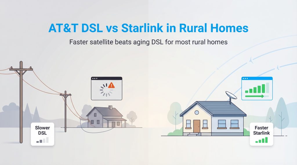 Illustration: Slower AT&T DSL with buffering vs Faster Starlink satellite internet for rural homes.