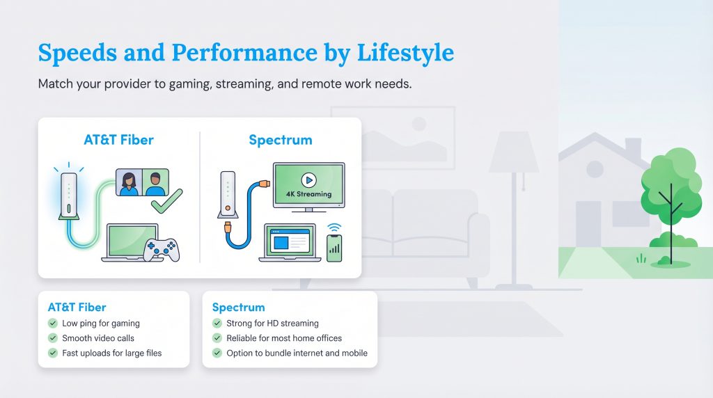 Graphic comparing AT&T Fiber and Spectrum speeds and performance for gaming, streaming, and working from home.