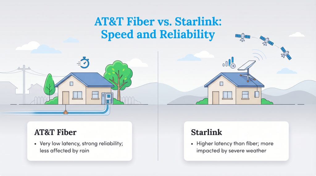 Illustration comparing AT&T Fiber's underground and Starlink's satellite internet connections.
