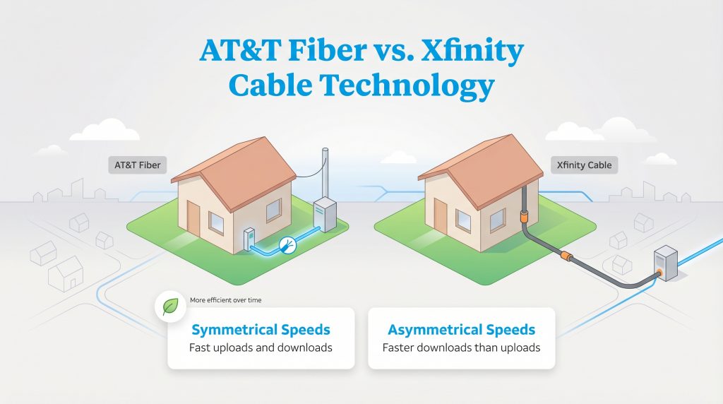 Infographic comparing AT&T Fiber's symmetrical speeds and Xfinity Cable's asymmetrical speeds.