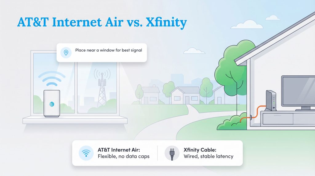 Diagram comparing AT&T Internet Air wireless hub near a window and Xfinity wired cable connection to a house.