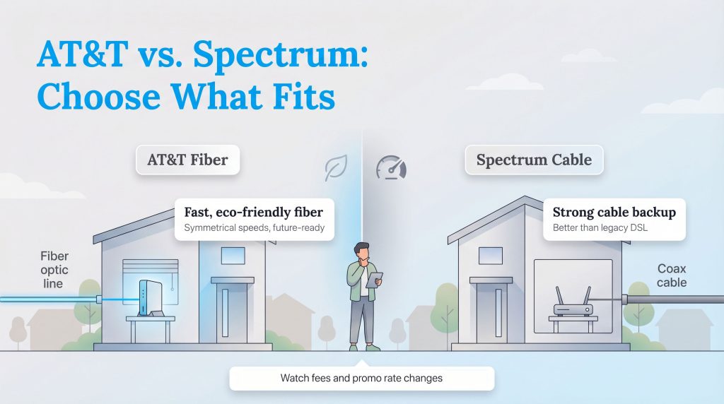 Illustration comparing AT&T Fiber's eco-friendly speed with Spectrum Cable's strong backup.