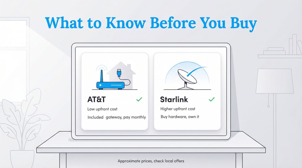 Graphic comparing AT&T low upfront costs to Starlink higher upfront hardware costs.