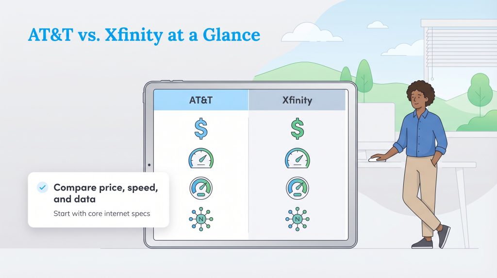 Illustration of a tablet comparing AT&T and Xfinity internet features like price, speed, and network.