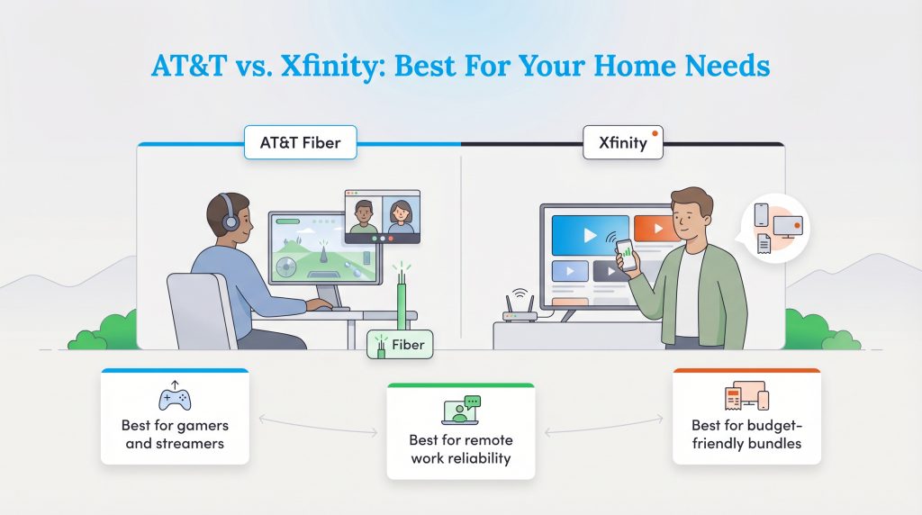 Infographic shows AT&T Fiber as best for gaming and remote work, and Xfinity as best for budget bundles.