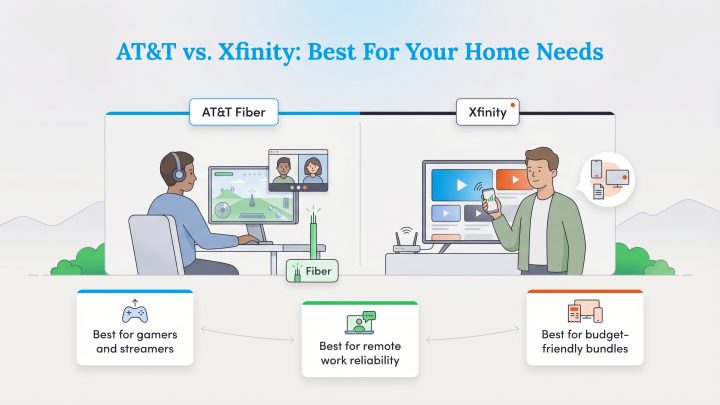 Infographic shows AT&T Fiber as best for gaming and remote work, and Xfinity as best for budget bundles.
