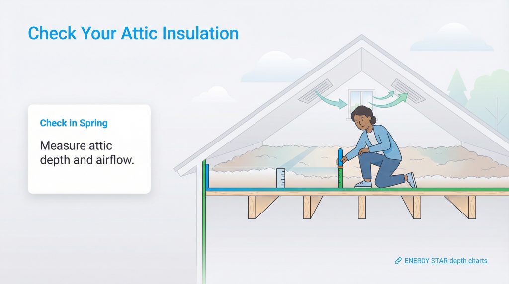 A person in an attic uses a ruler to measure insulation depth. Text says to check depth and airflow in spring.