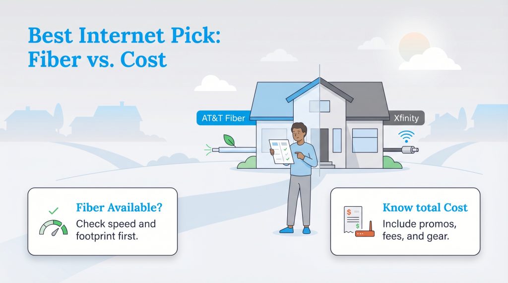 Illustration comparing AT&T Fiber and Xfinity, showing a person with checklists for fiber availability and total cost.