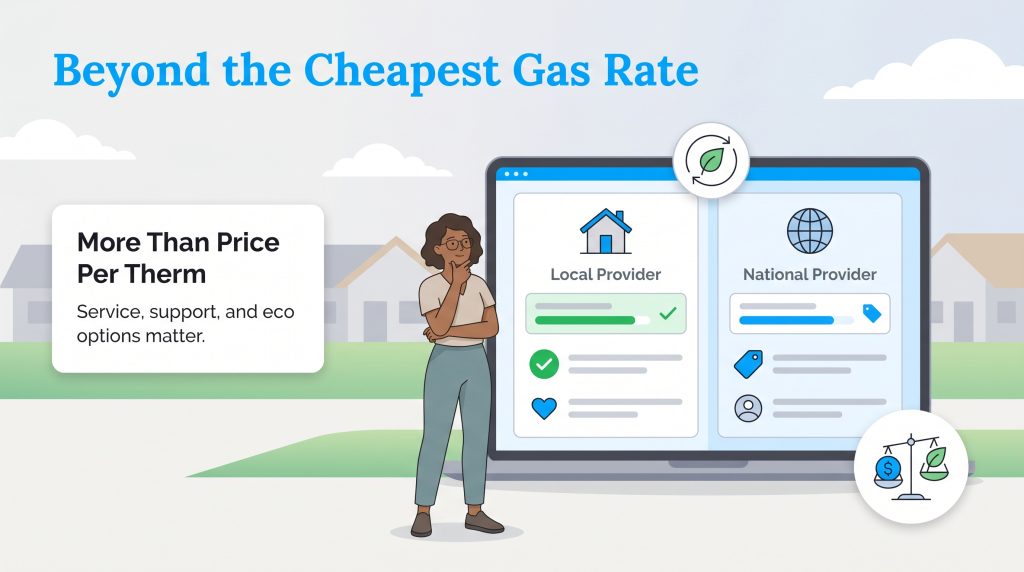 A woman views a laptop screen comparing local and national gas providers on service and eco options.