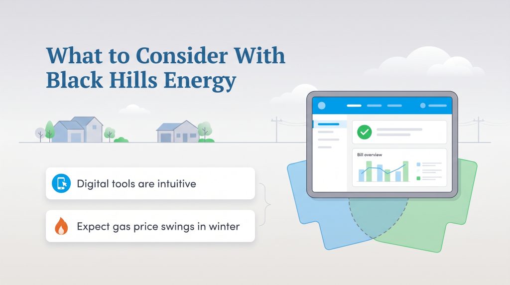 Infographic of Black Hills Energy considerations, noting intuitive digital tools and winter gas price swings.