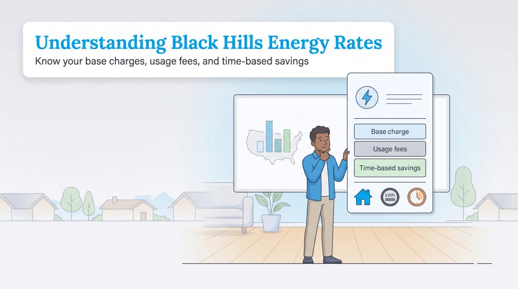 Man pointing to a display showing base charges, usage fees, and time-based energy savings components.