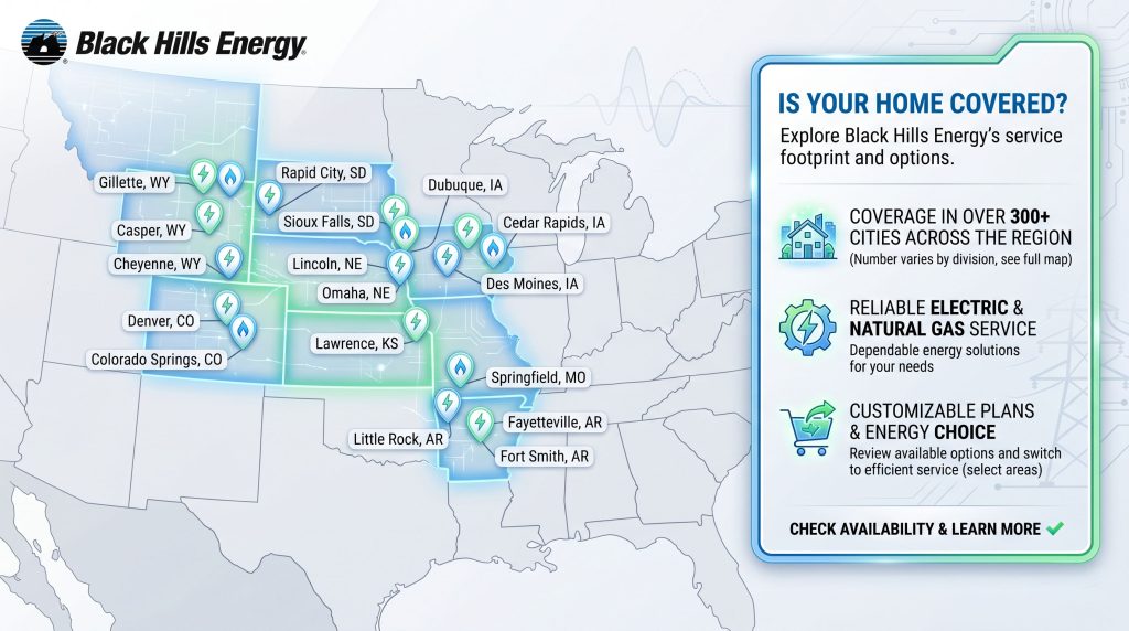 Map of Black Hills Energy Service Area across the Midwest, Central and Rocky Mountain states