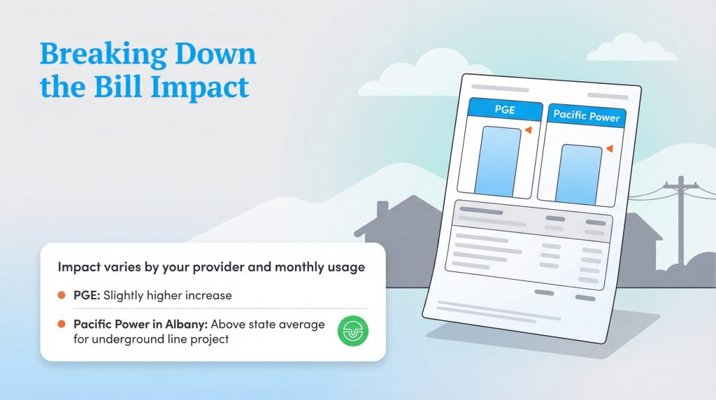 Infographic showing PGE bills increase more and Pacific Power in Albany is above average.