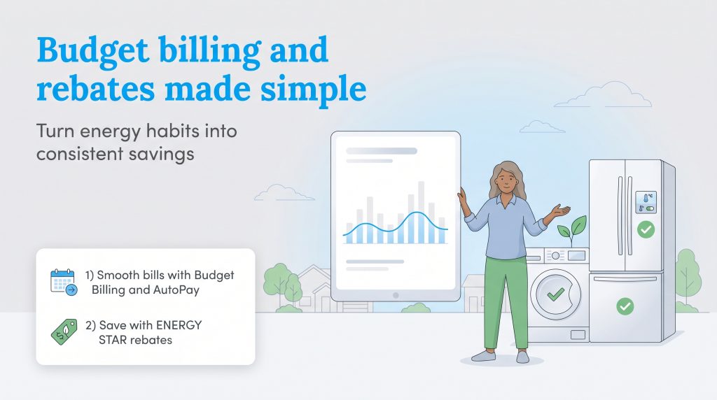 A woman gestures to appliances and a tablet, with text about smoothing bills and saving with rebates.