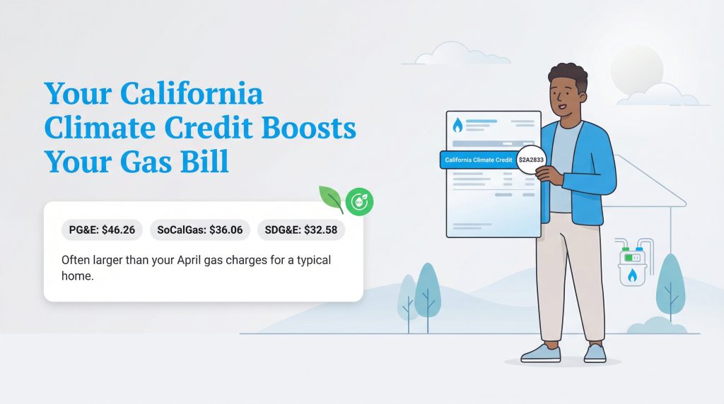 Illustration of a man holding a gas bill that highlights the California Climate Credit, which may exceed April charges.