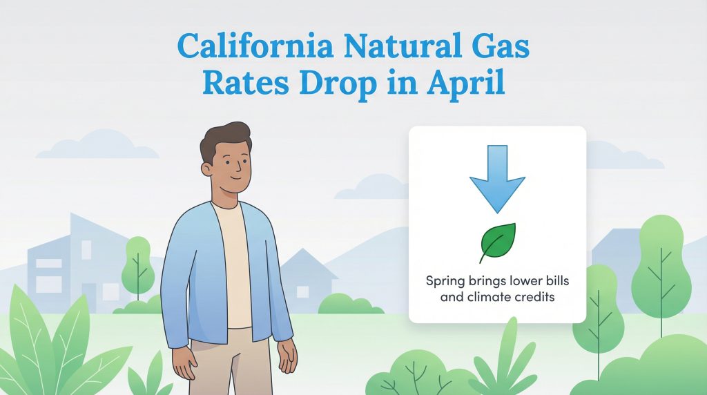 Illustration of a man with a graphic stating California natural gas rates drop in April, bringing lower bills.