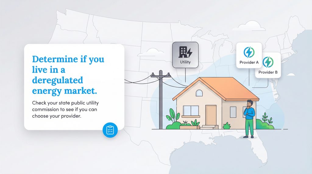 A person by a house considering energy choices (Utility, Provider A, B) on a map of the USA.