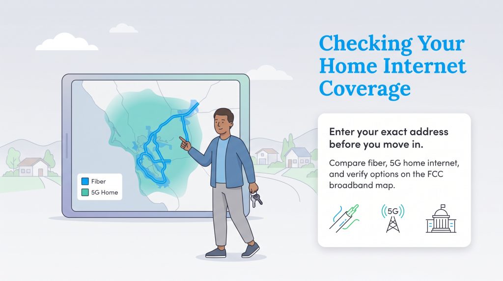 Person with keys points to a tablet map showing fiber and 5G home internet coverage areas.