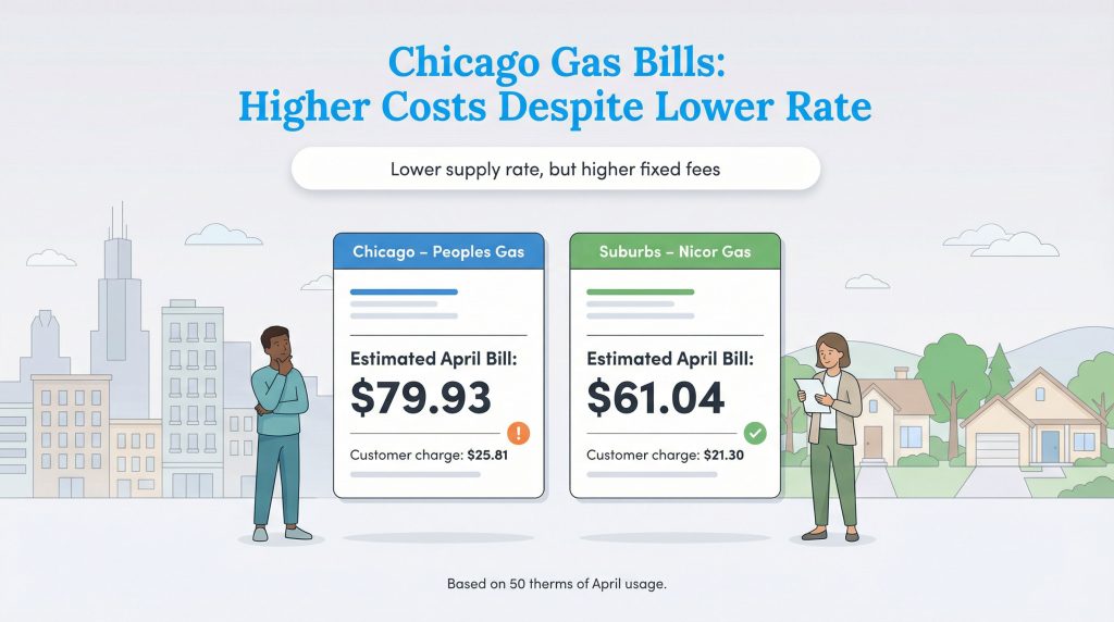 Infographic comparing an estimated $79.93 Chicago Peoples Gas bill and a $61.04 suburban Nicor Gas bill for April, showing higher customer charges in Chicago.