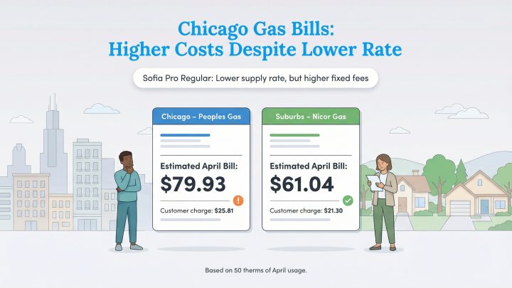Infographic comparing an estimated $79.93 Chicago Peoples Gas bill and a $61.04 suburban Nicor Gas bill for April, showing higher customer charges in Chicago.