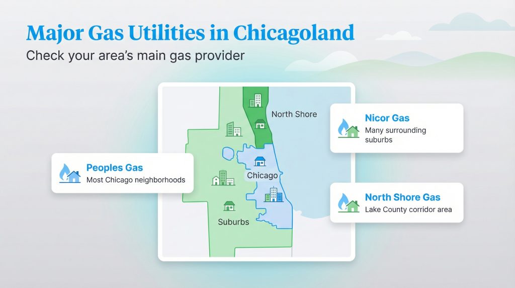 Map of Chicagoland showing Peoples Gas, Nicor Gas, and North Shore Gas service territories.
