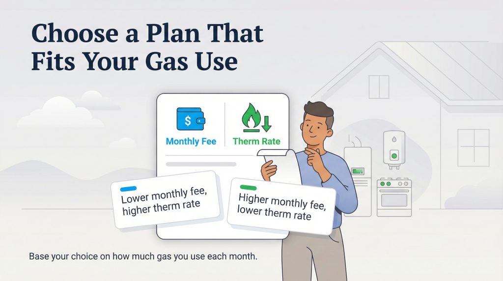 A man compares gas plans with varying monthly fees and therm rates, deciding based on usage habits.