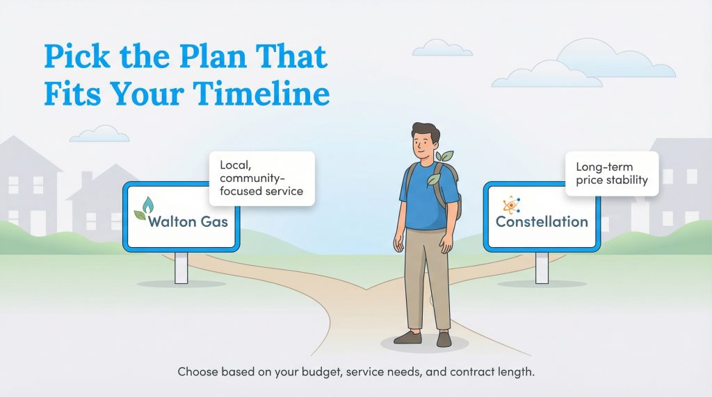 A person at a fork in the road with signs for Walton Gas (local service) and Constellation (long-term stability).