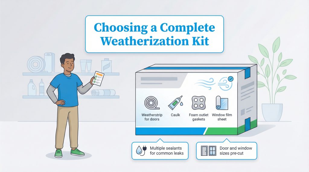 An illustration showing the contents and benefits of a complete home weatherization kit.