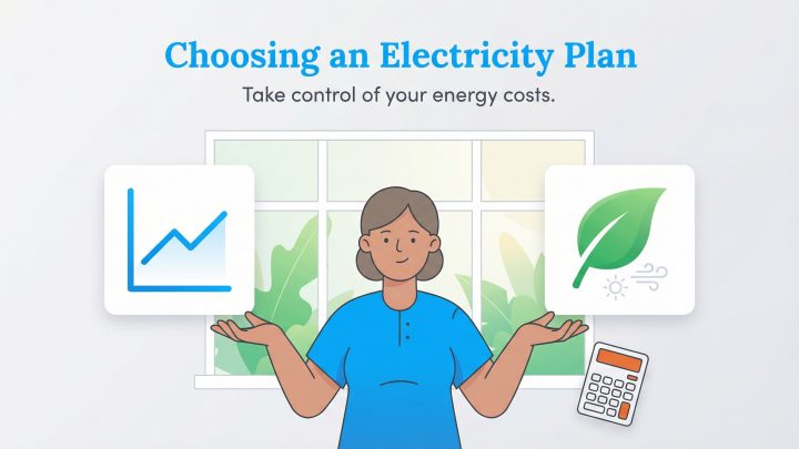 Woman compares an electricity usage graph and a green energy leaf icon to choose a plan.