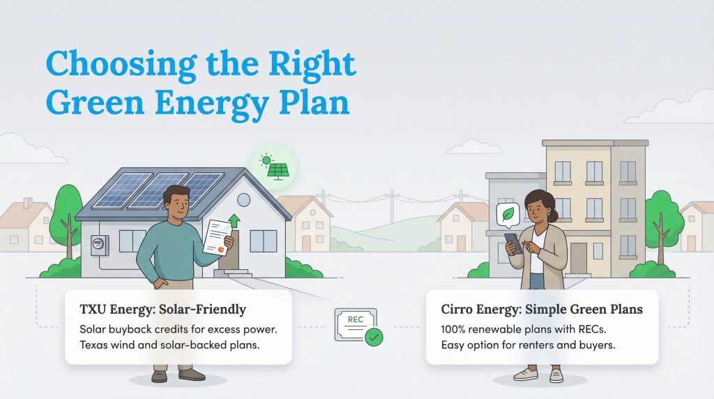 An illustration comparing a man with a solar-paneled house using TXU and a woman in an apartment using Cirro's green plans.