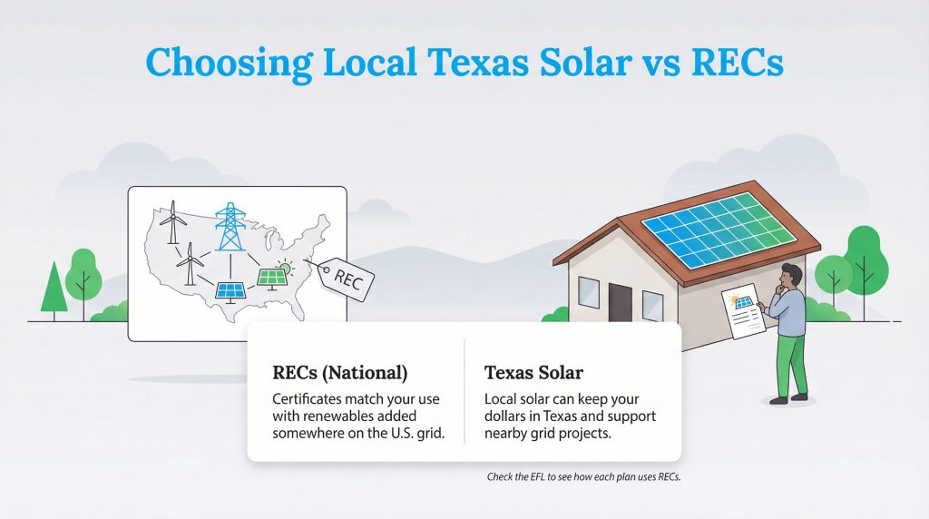 Illustration comparing national Renewable Energy Certificates (RECs) with local Texas solar energy sourcing.
