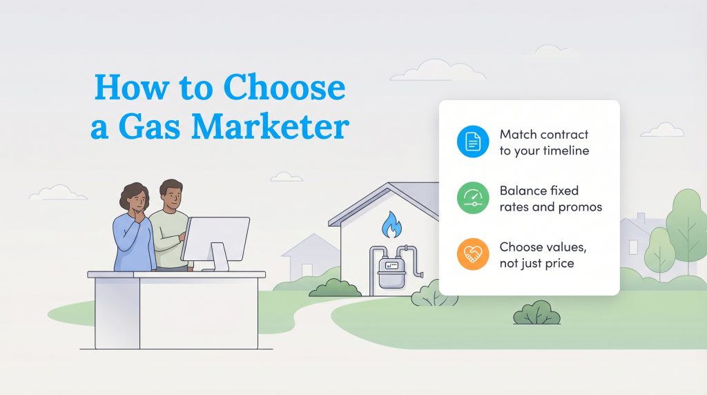Infographic on choosing a gas marketer with three key tips on contracts, rates, and values.