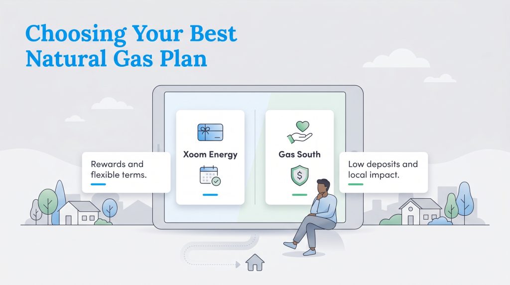 A person compares Xoom Energy's rewards and flexible terms with Gas South's low deposits and local impact on a tablet.