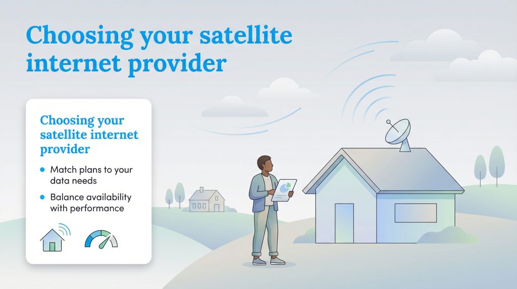 Illustration of a man considering satellite internet options near a rural house with a dish on the roof.
