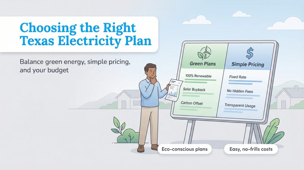 A man compares Green Plans and Simple Pricing options on a whiteboard for Texas electricity.